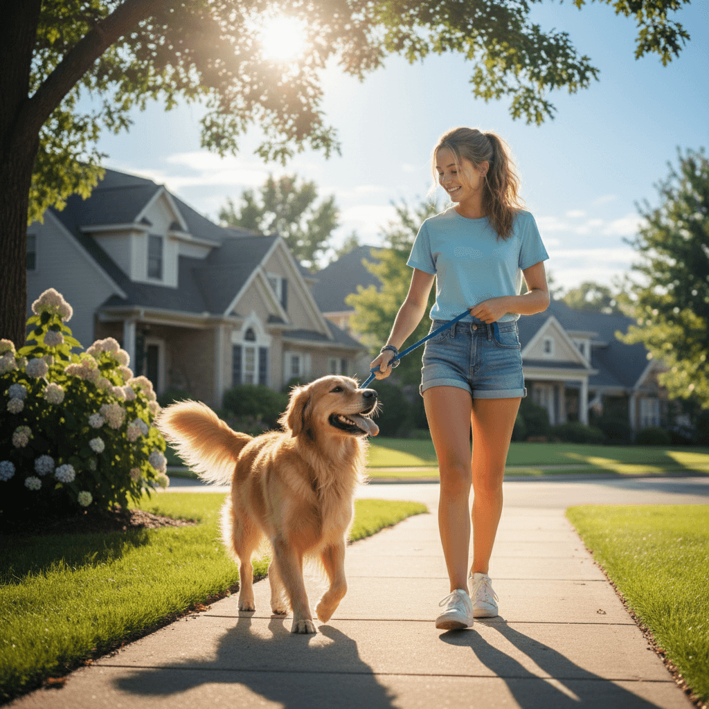 Teenager walking a happy dog on a sunny suburban sidewalk