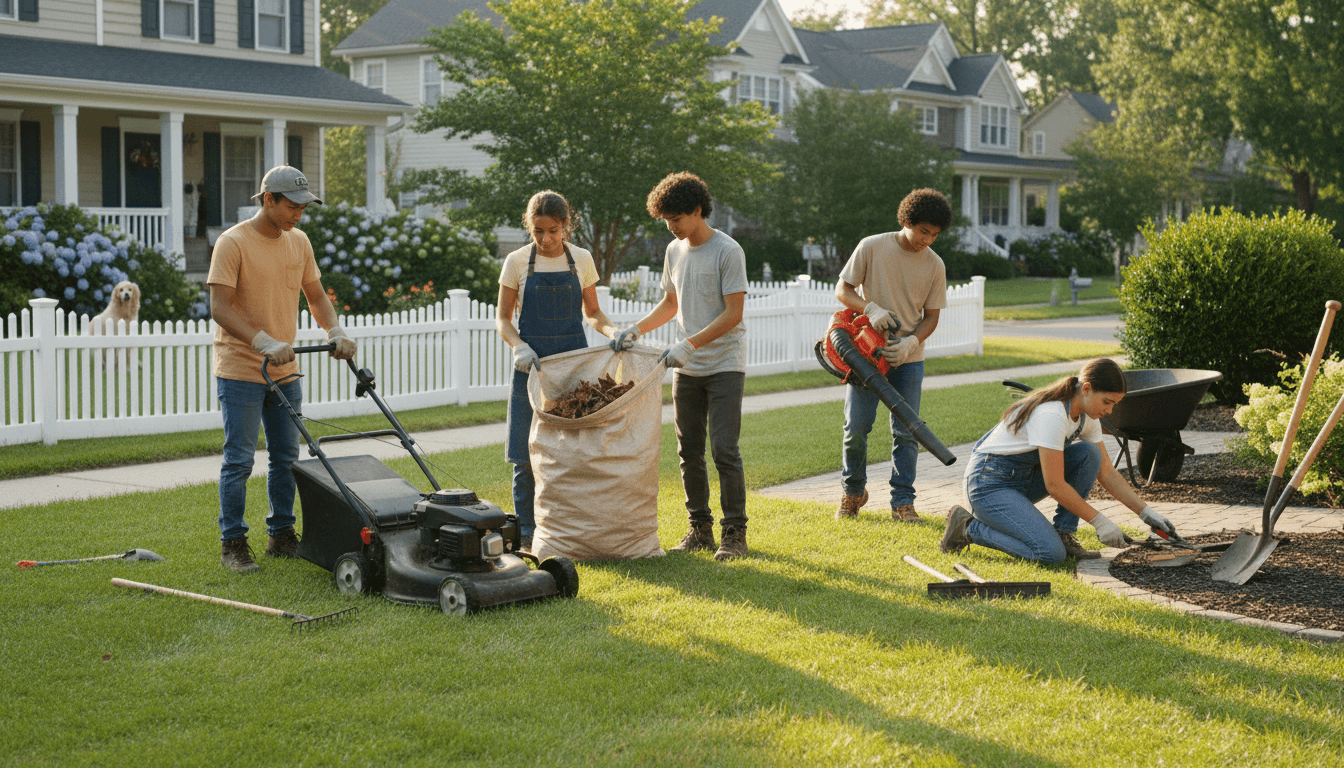Youth team working together in a suburban yard with lawn care equipment