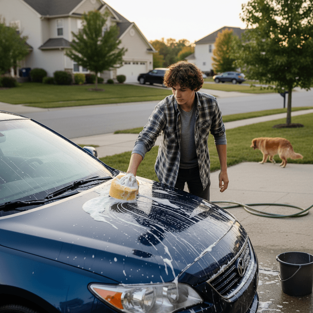 Teenager washing a car with a soapy sponge in a suburban driveway