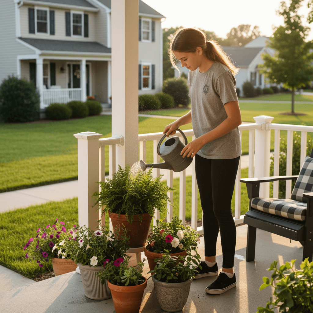 Teenager watering potted plants on a suburban porch