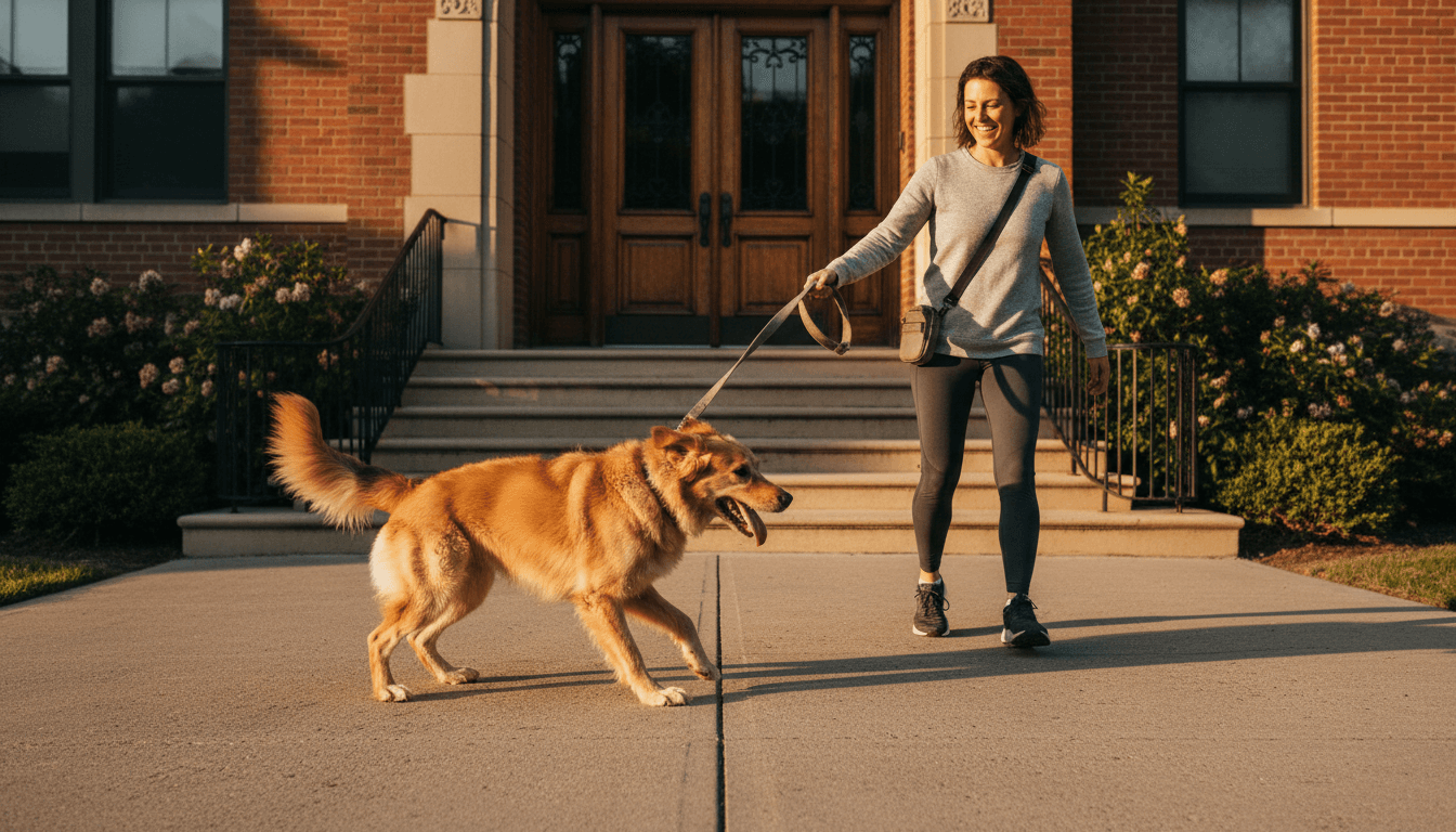 Teenage boy walking a dog on a sunny suburban street