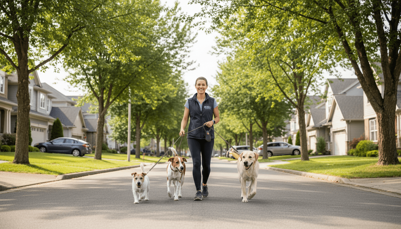 Teenager walking a dog on a sunny suburban sidewalk