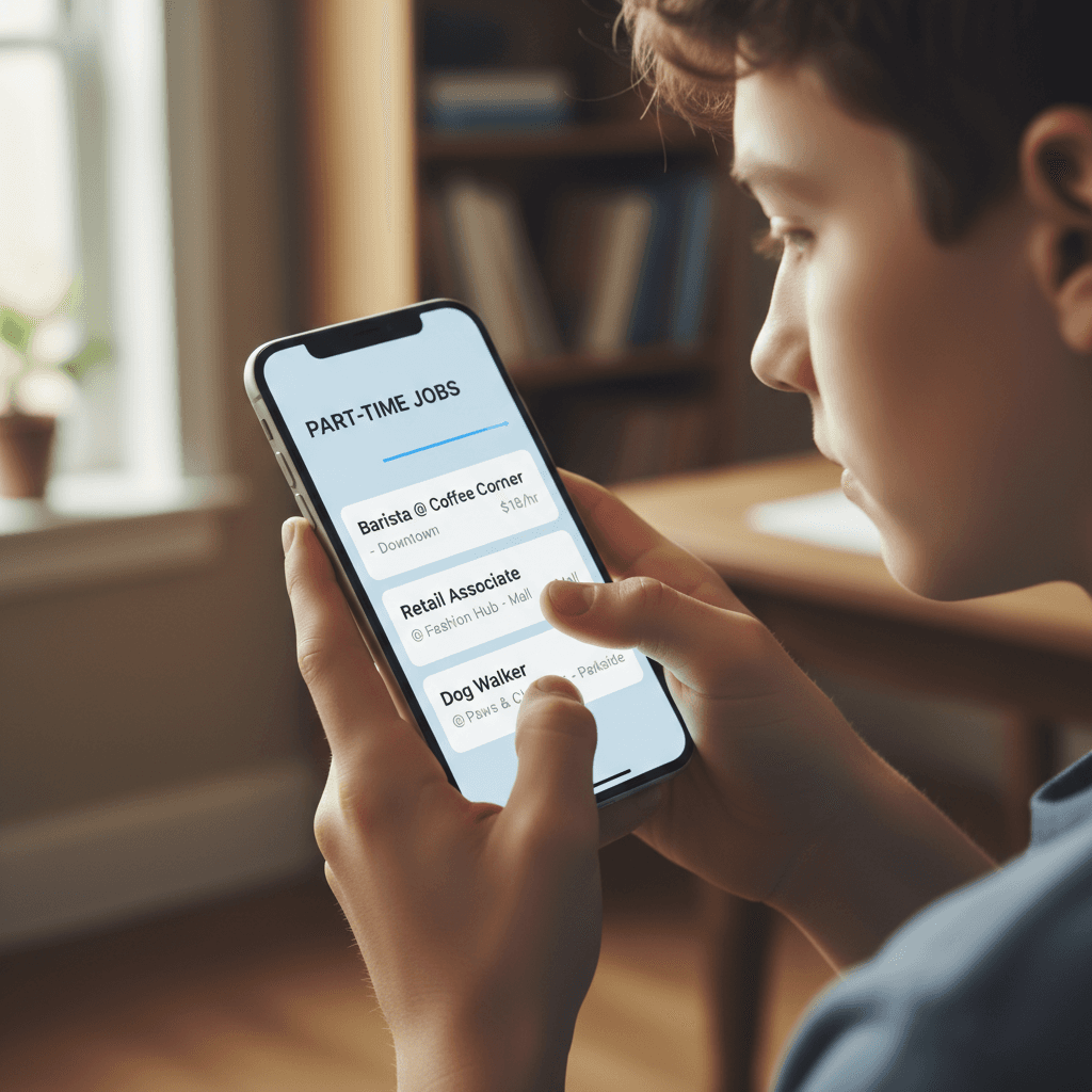 Teen volunteer using a smartphone to browse job listings at home
