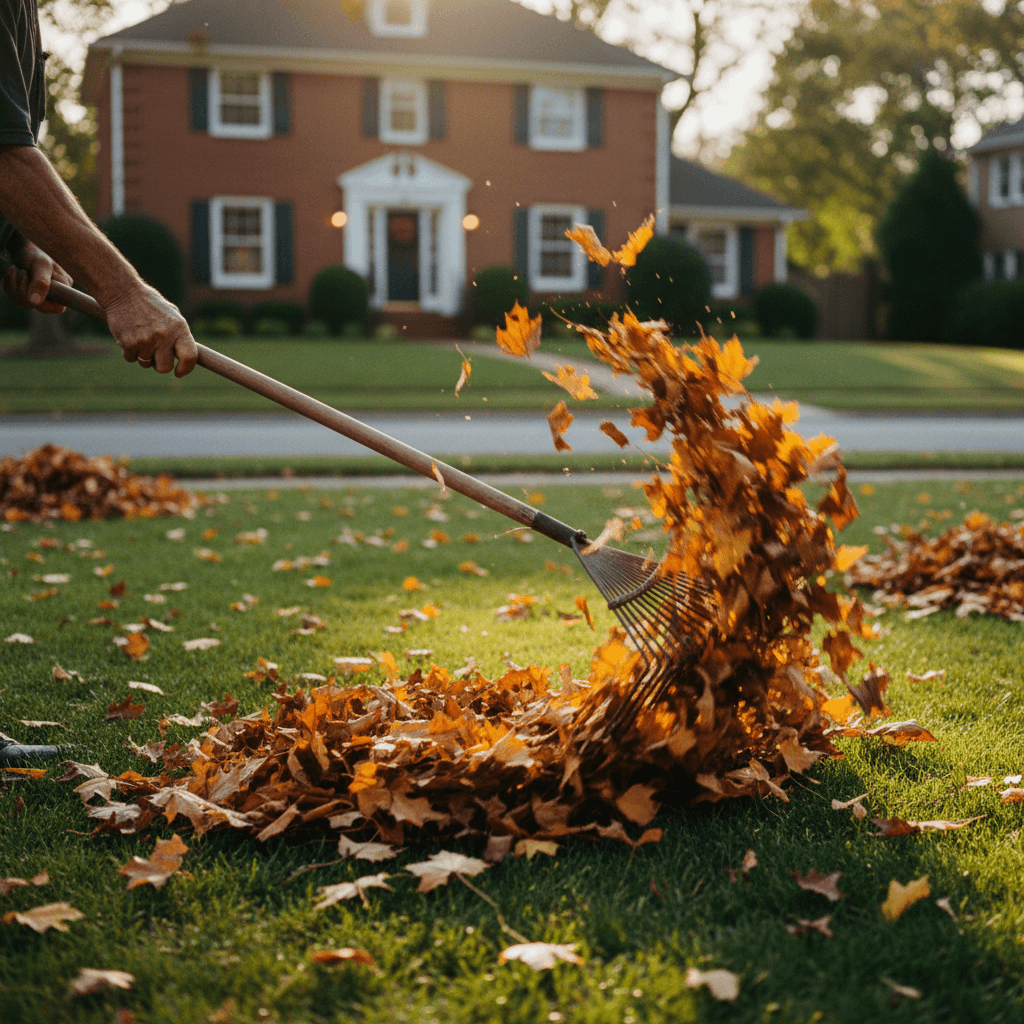 Weathered hands gripping rake while actively gathering autumn leaves across residential lawn during golden hour light